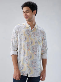 Men Shirt Print Yellow Regular Fit