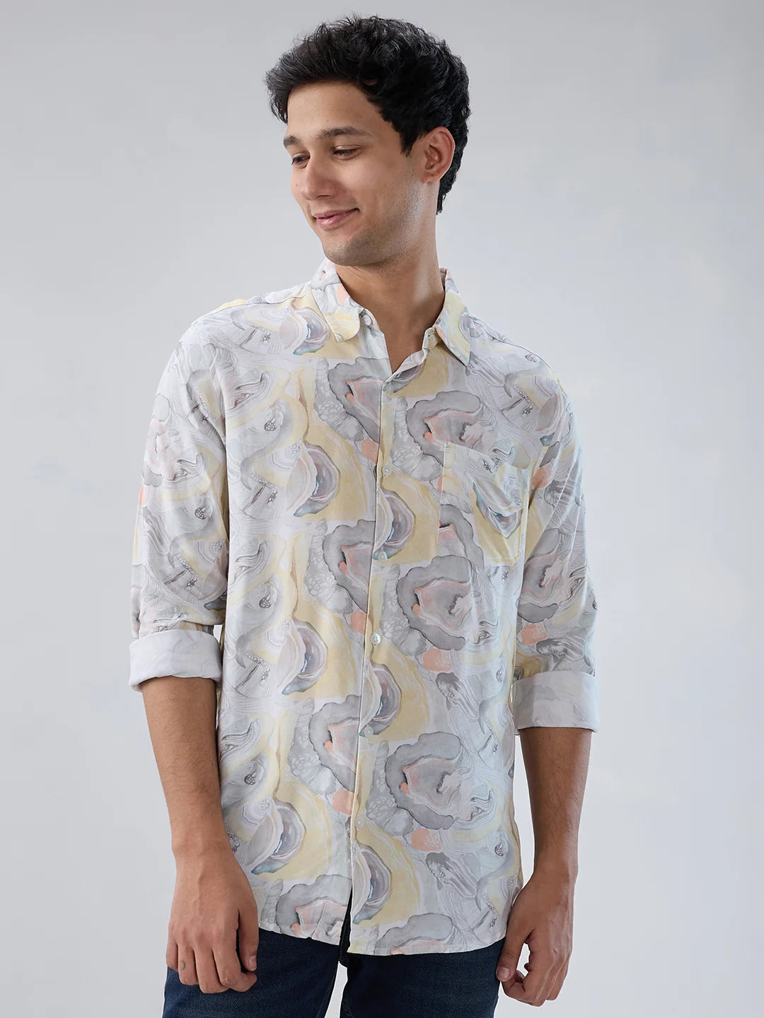Men Shirt Print Yellow Regular Fit
