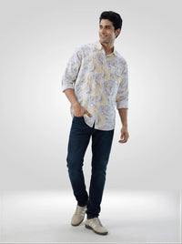 Men Shirt Print Yellow Regular Fit
