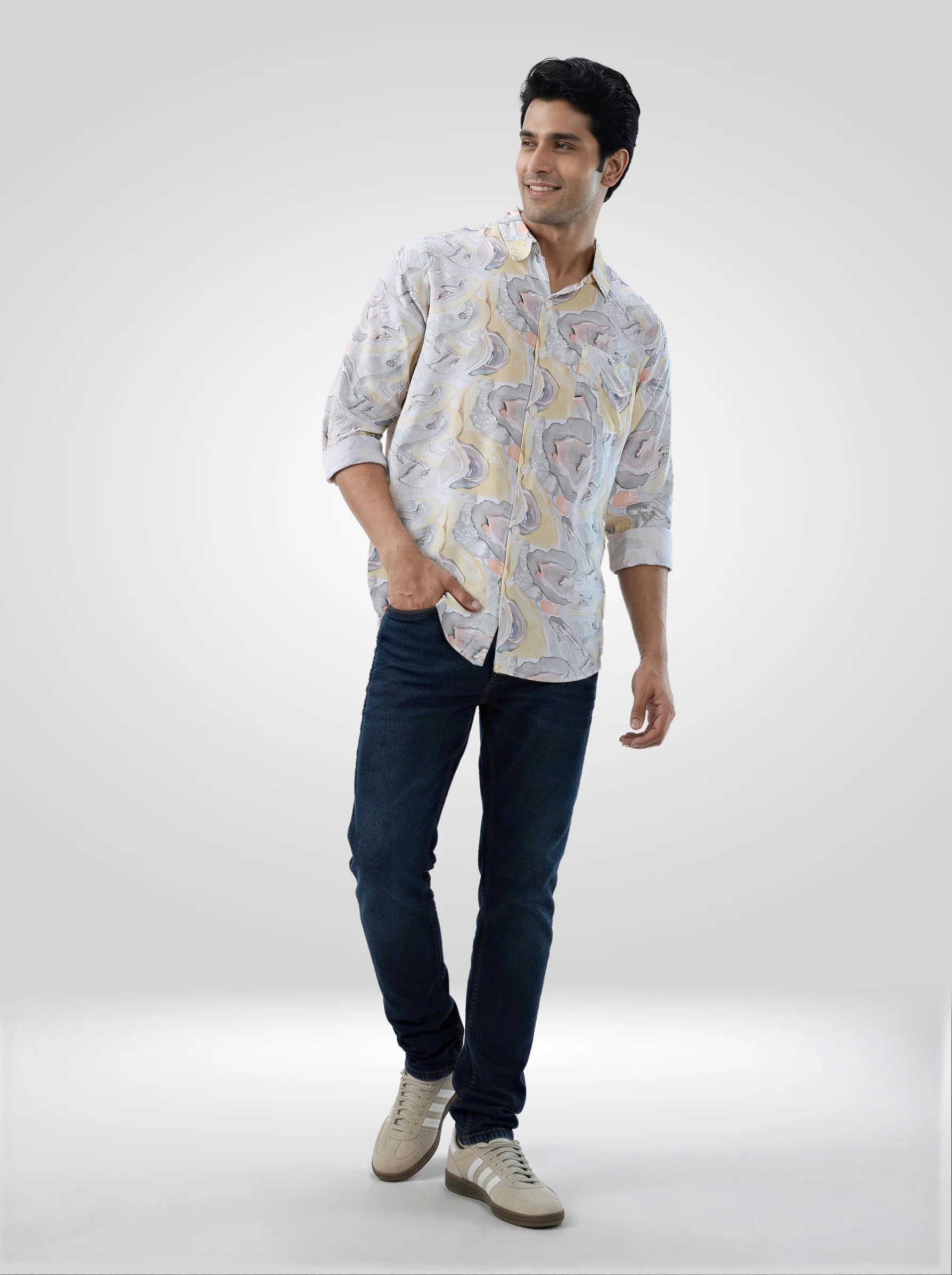 Men Shirt Print Yellow Regular Fit
