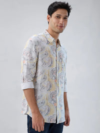Men Shirt Print Yellow Regular Fit