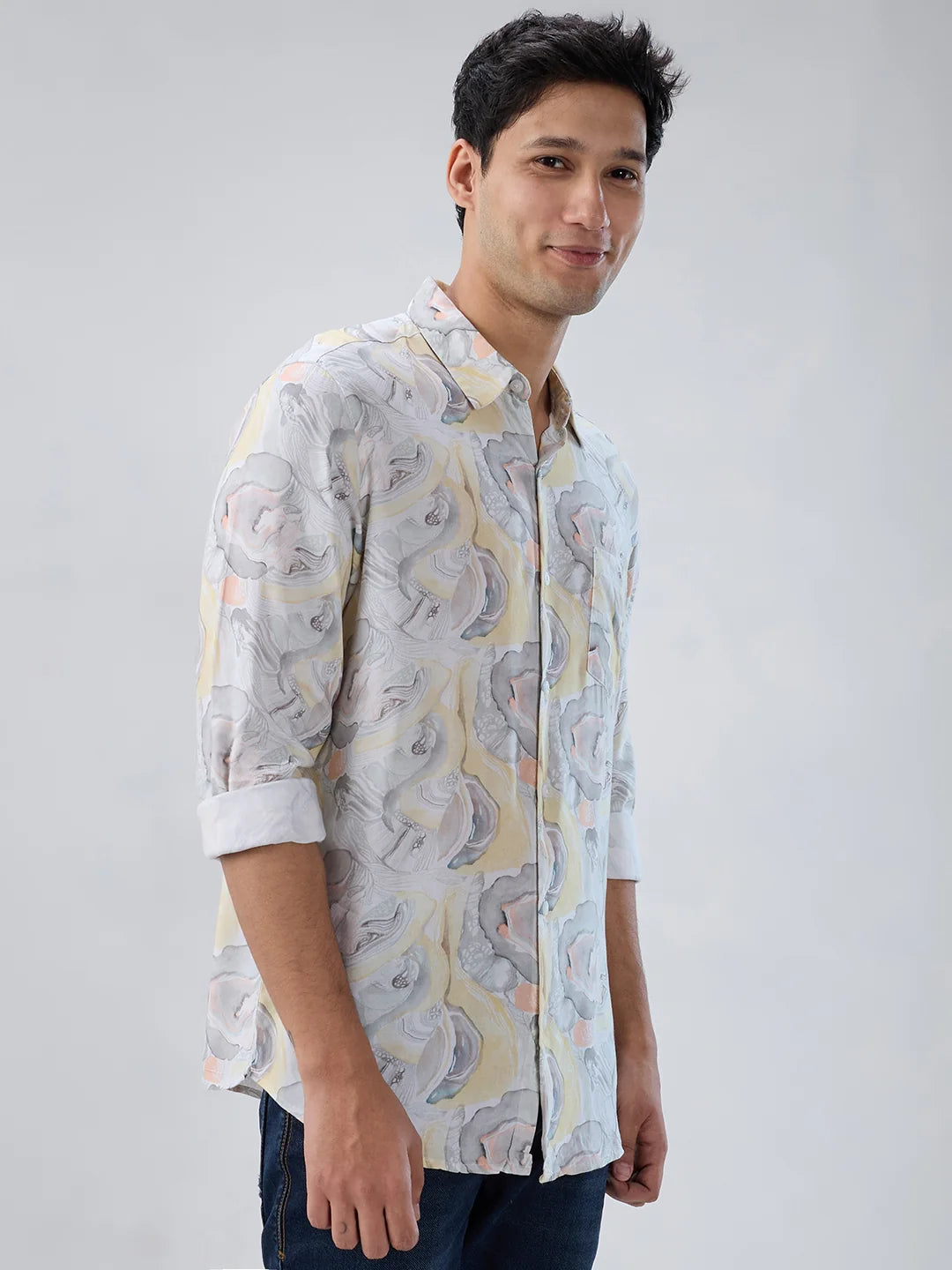 Men Shirt Print Yellow Regular Fit