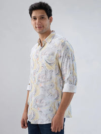 Men Shirt Print Yellow Regular Fit
