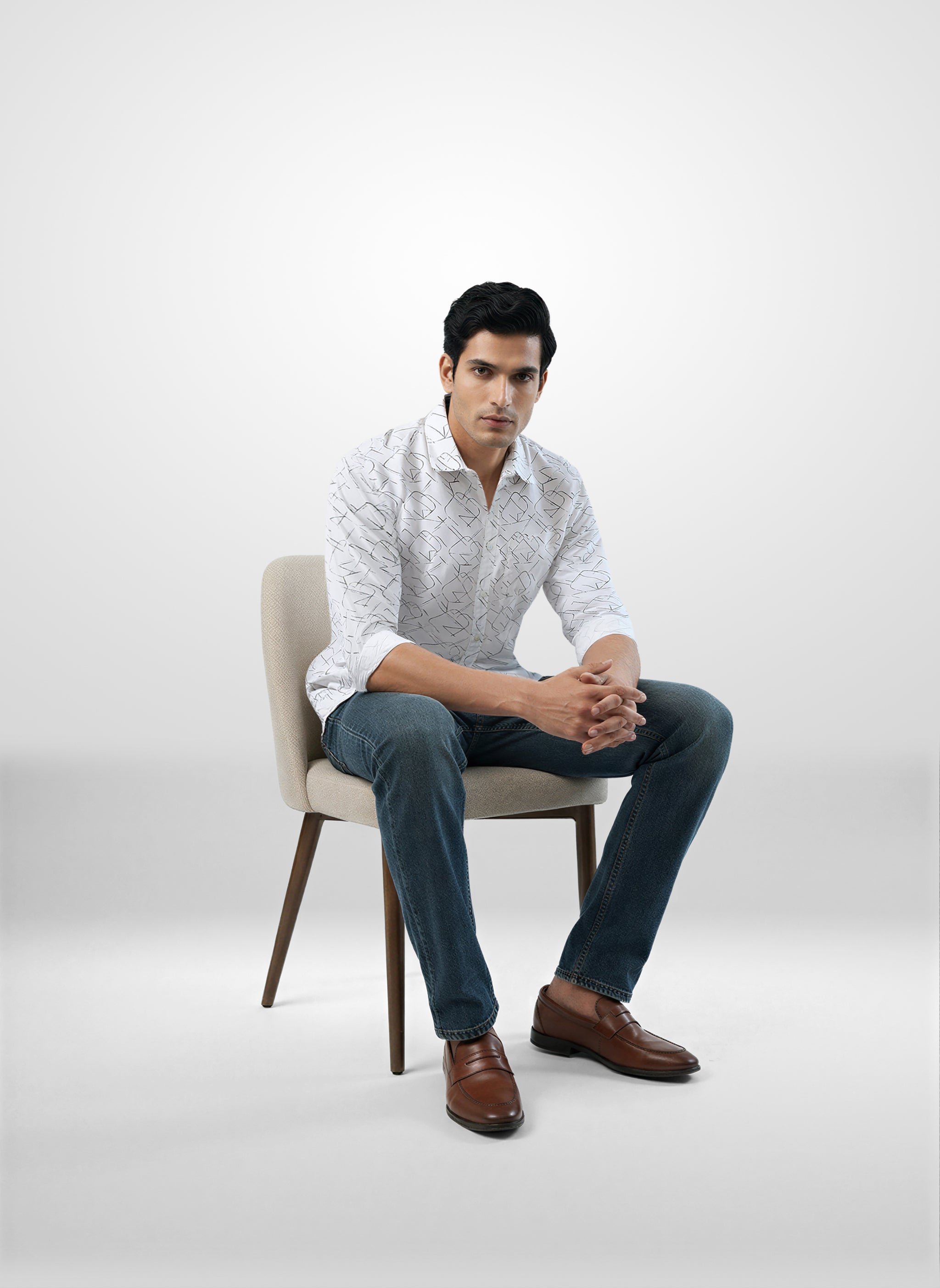 Men Shirt Print White Regular Fit