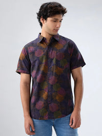 Men Shirt Print Navy Blue Regular Fit