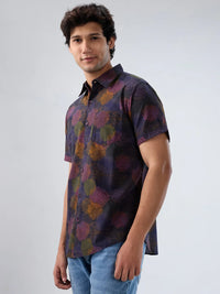 Men Shirt Print Navy Blue Regular Fit