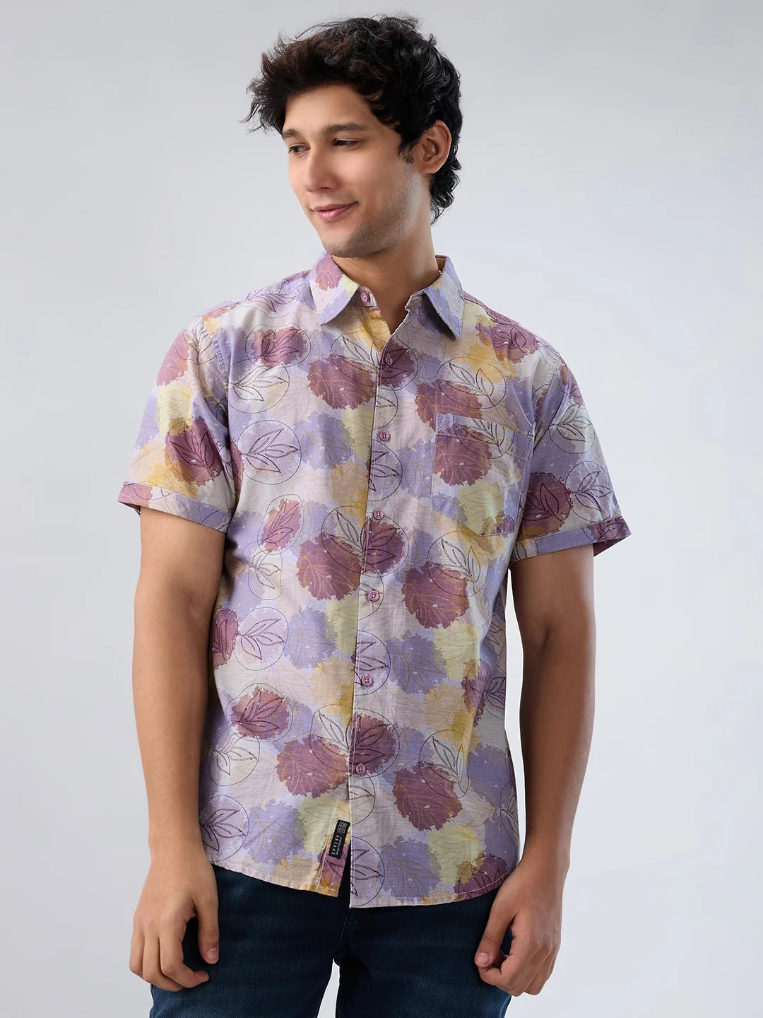 Men Shirt Print Beige Regular Fit