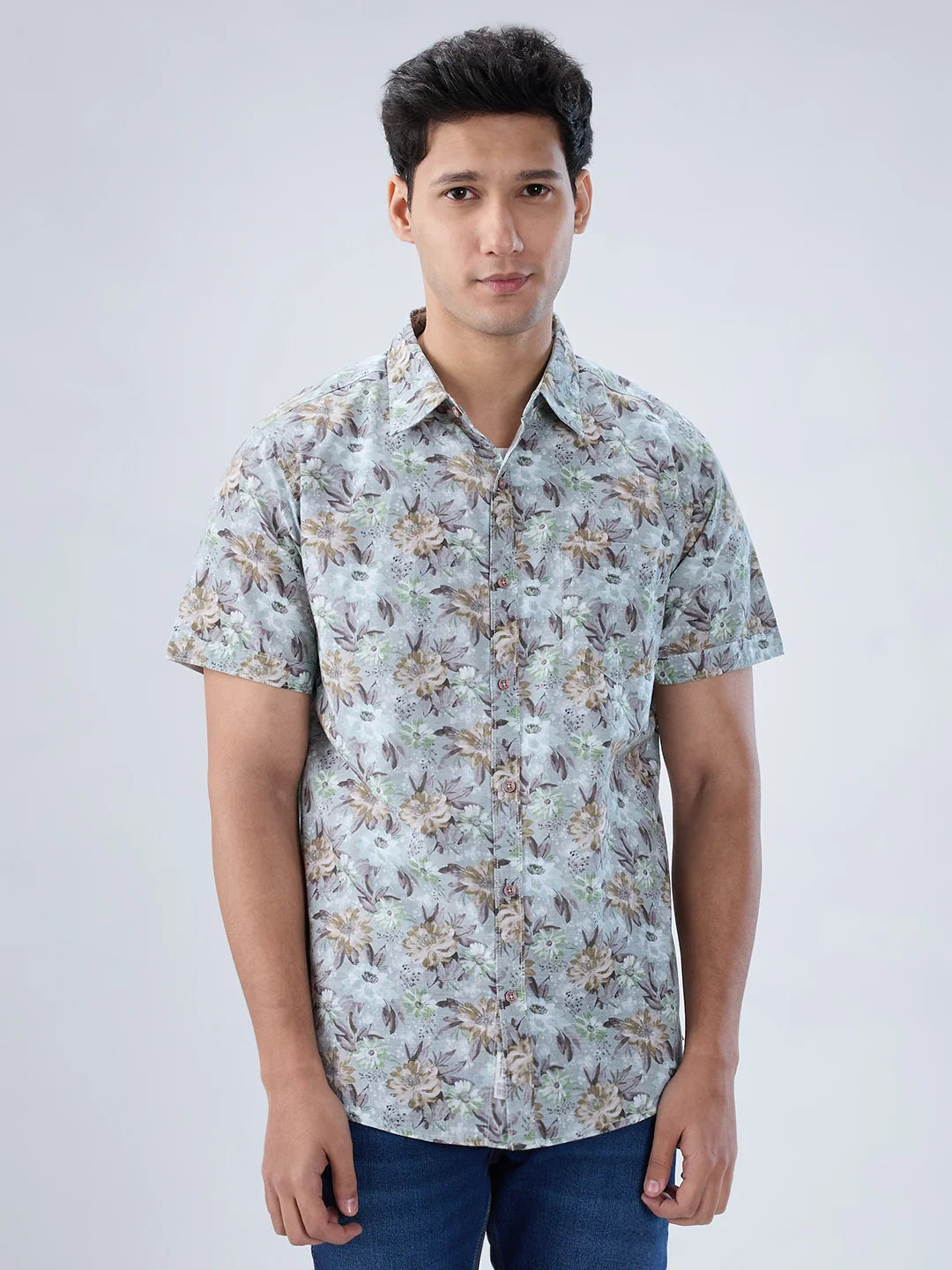 Men Shirt Print Green Regular Fit