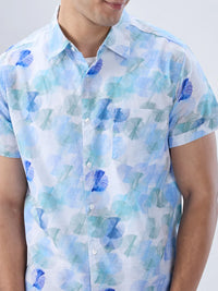 Men Shirt Print Blue Regular Fit