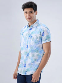 Men Shirt Print Blue Regular Fit
