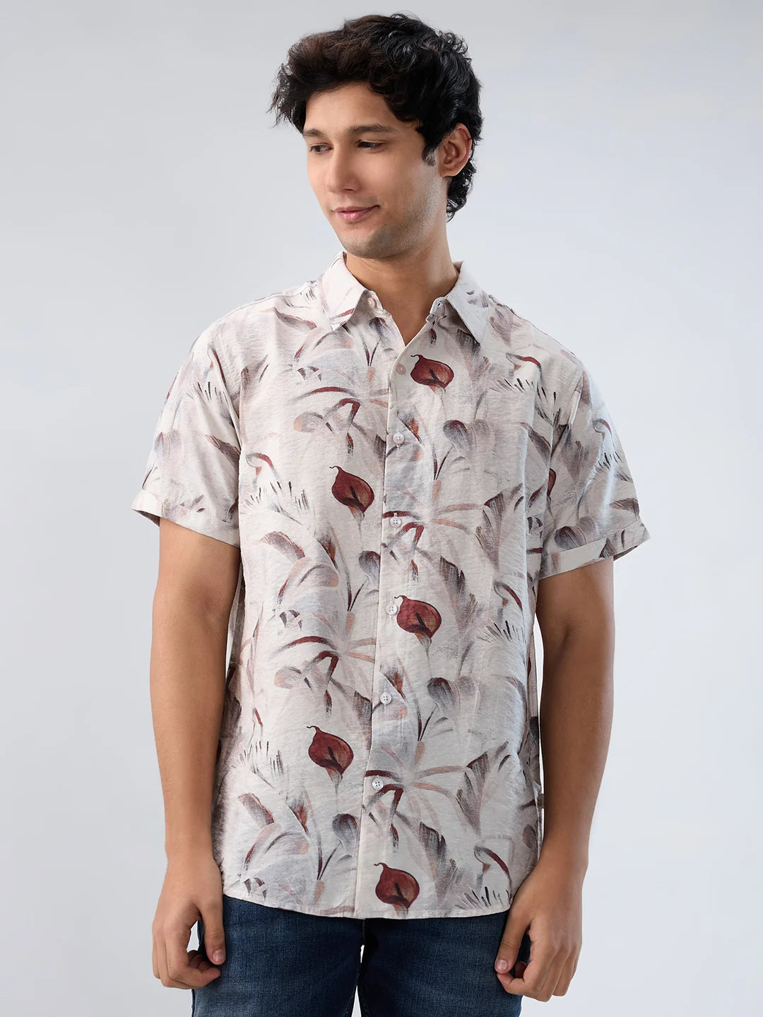 Men Shirt Print Off White Regular Fit