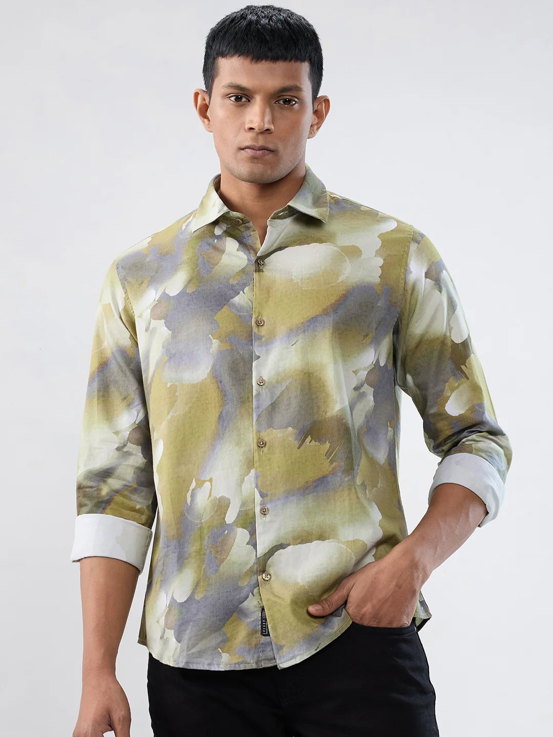 Men Shirt Print Green Regular Fit