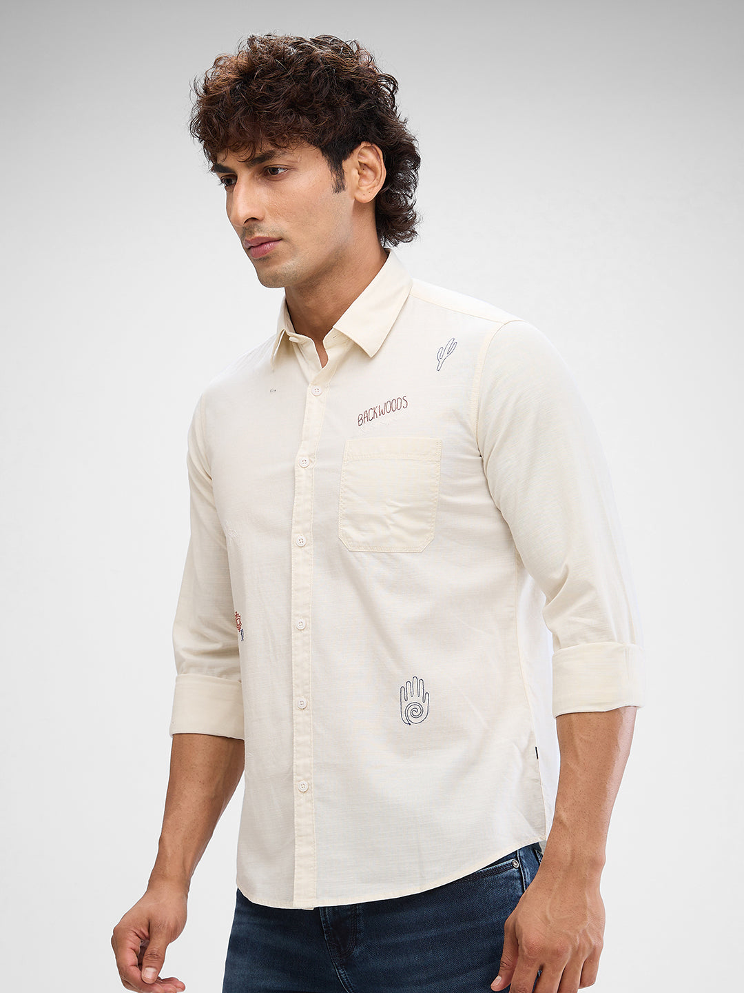 Spykar Cream White Cotton Flex Full Sleeve Raised Collar Shirt For Men