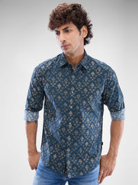 Men Shirt Green Raised Collar