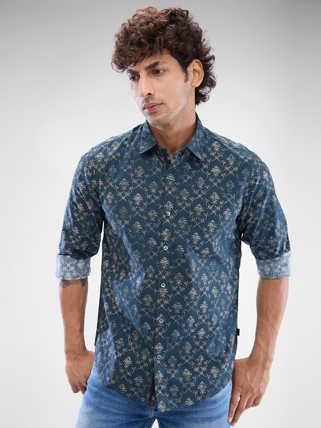Men Shirt Green Raised Collar