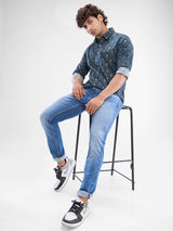 Men Shirt Green Raised Collar