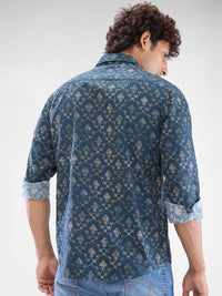 Men Shirt Green Raised Collar