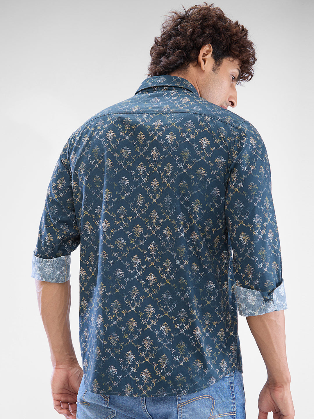 Men Shirt Green Raised Collar