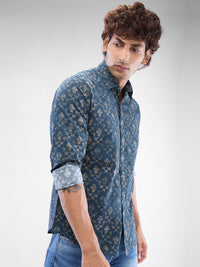 Men Shirt Green Raised Collar