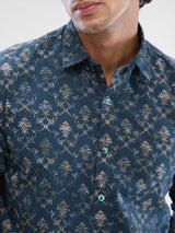 Men Shirt Green Raised Collar
