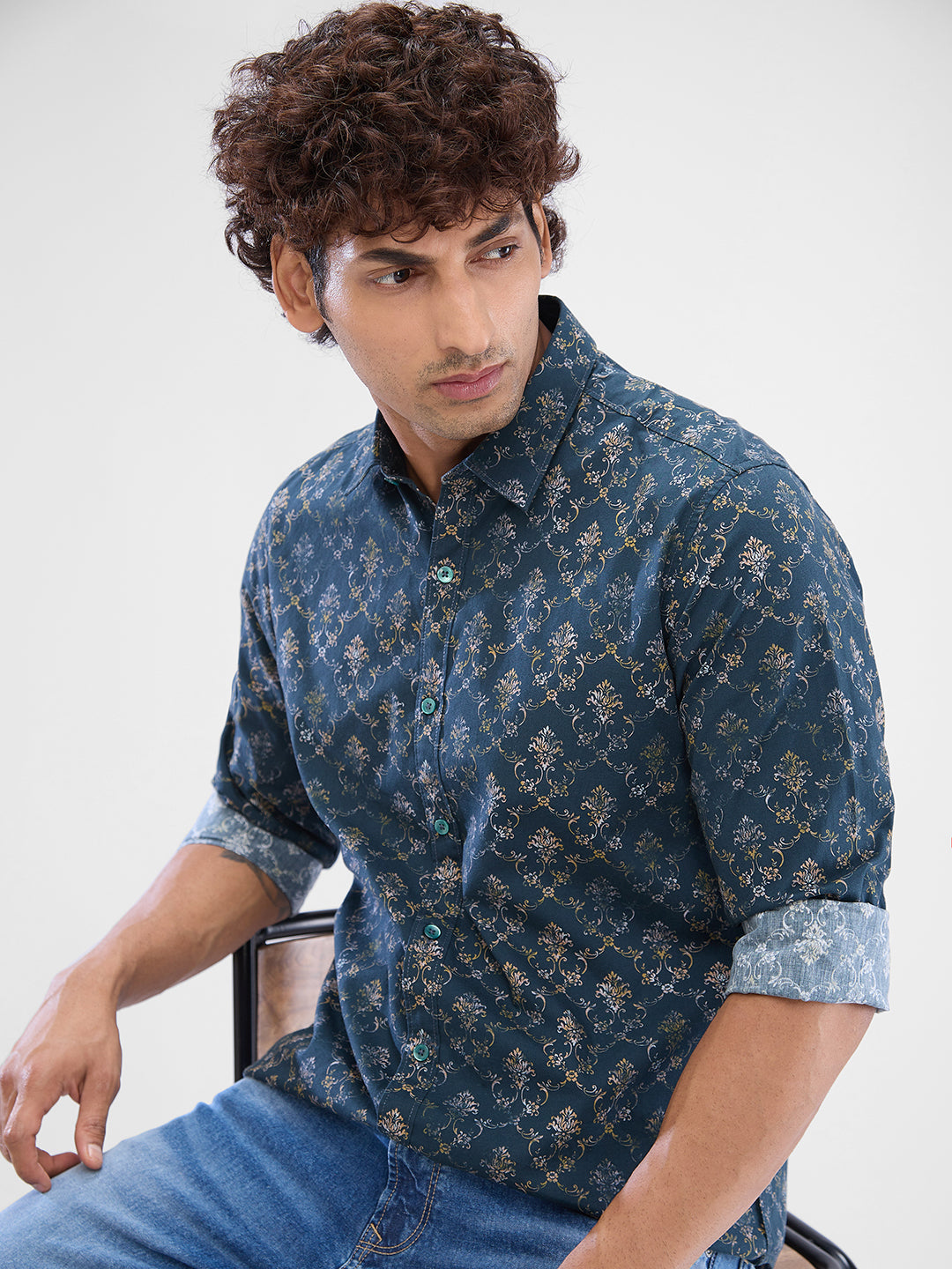 Men Shirt Green Raised Collar