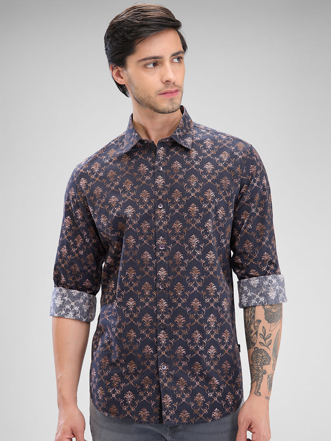 Men Shirt Brown Raised Collar