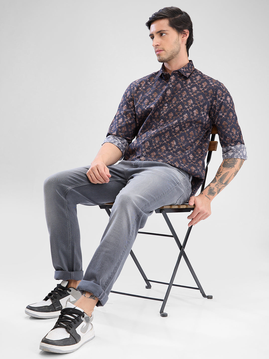 Men Shirt Brown Raised Collar