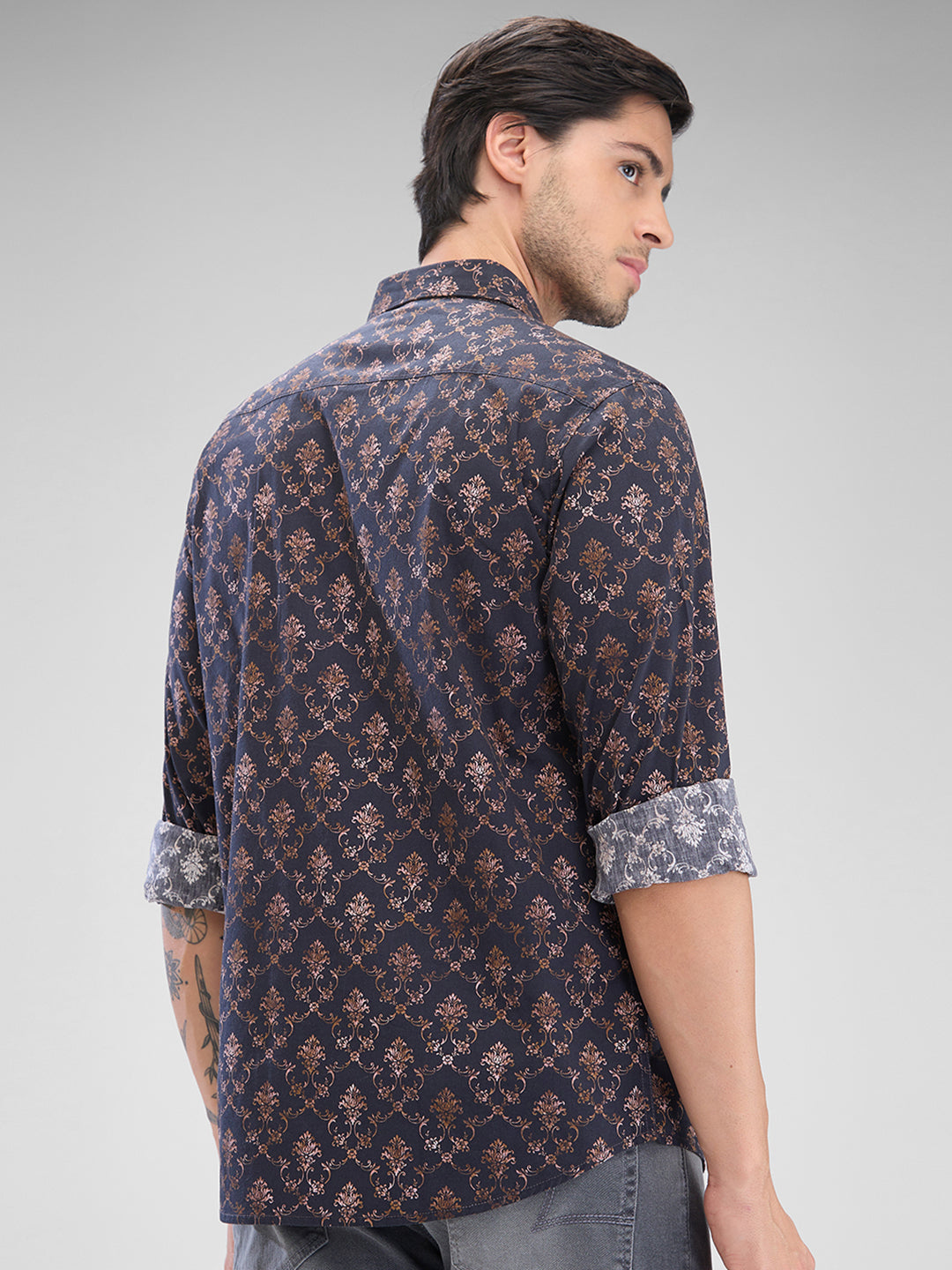 Men Shirt Brown Raised Collar