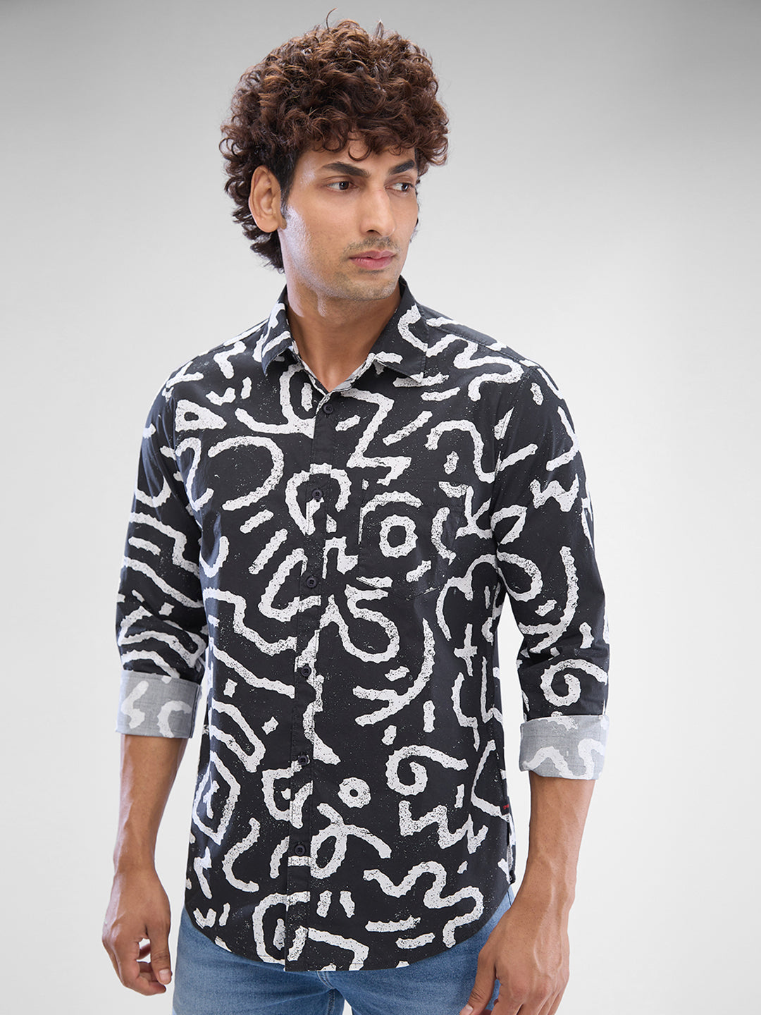 Spykar Charcoal Grey Cotton Full Sleeve Raised Collar Shirt For Men