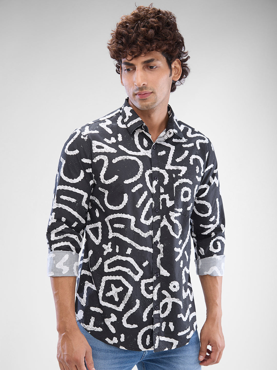 Men Shirt Grey Raised Collar