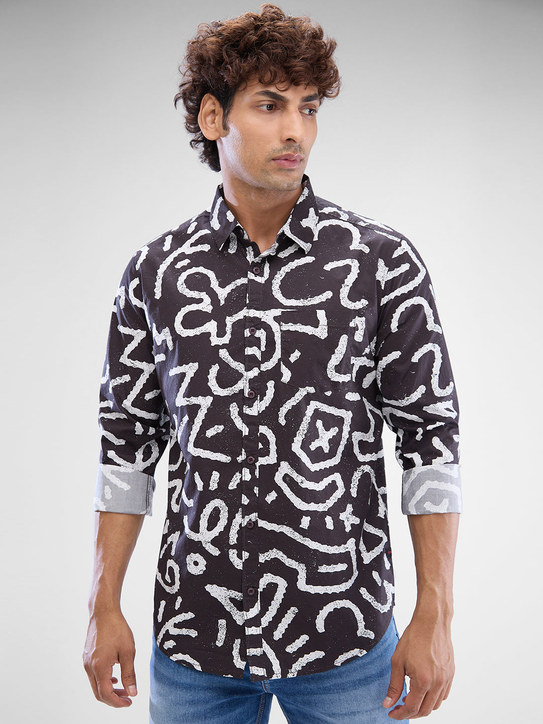 Men Shirt Print Wine Red Slim Fit