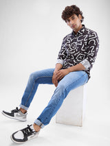 Men Shirt Print Wine Red Slim Fit