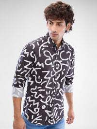 Men Shirt Print Wine Red Slim Fit