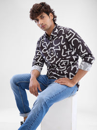 Men Shirt Print Wine Red Slim Fit