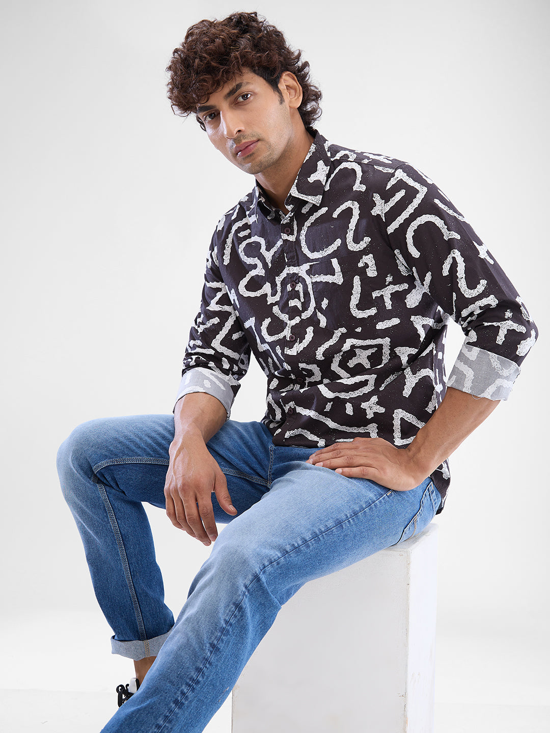 Men Shirt Print Wine Red Slim Fit