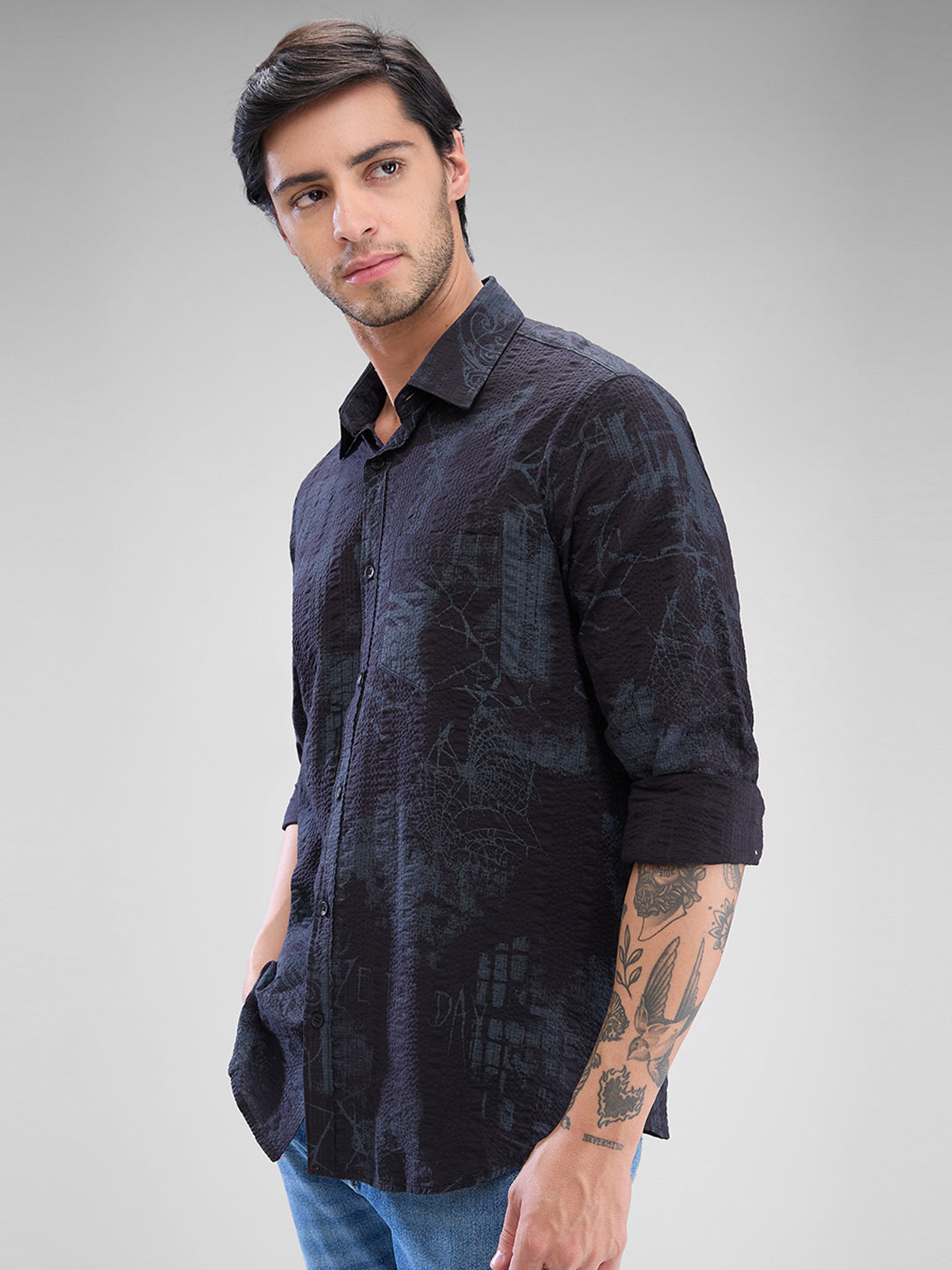 Spykar Black Cotton Full Sleeve Raised Collar Shirt For Men