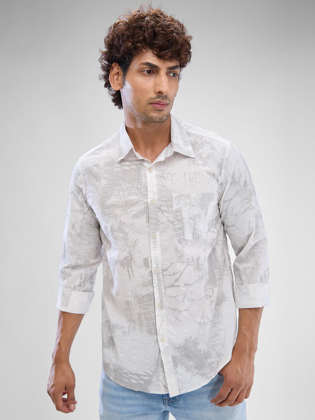 Spykar White Cotton Full Sleeve Raised Collar Shirt For Men