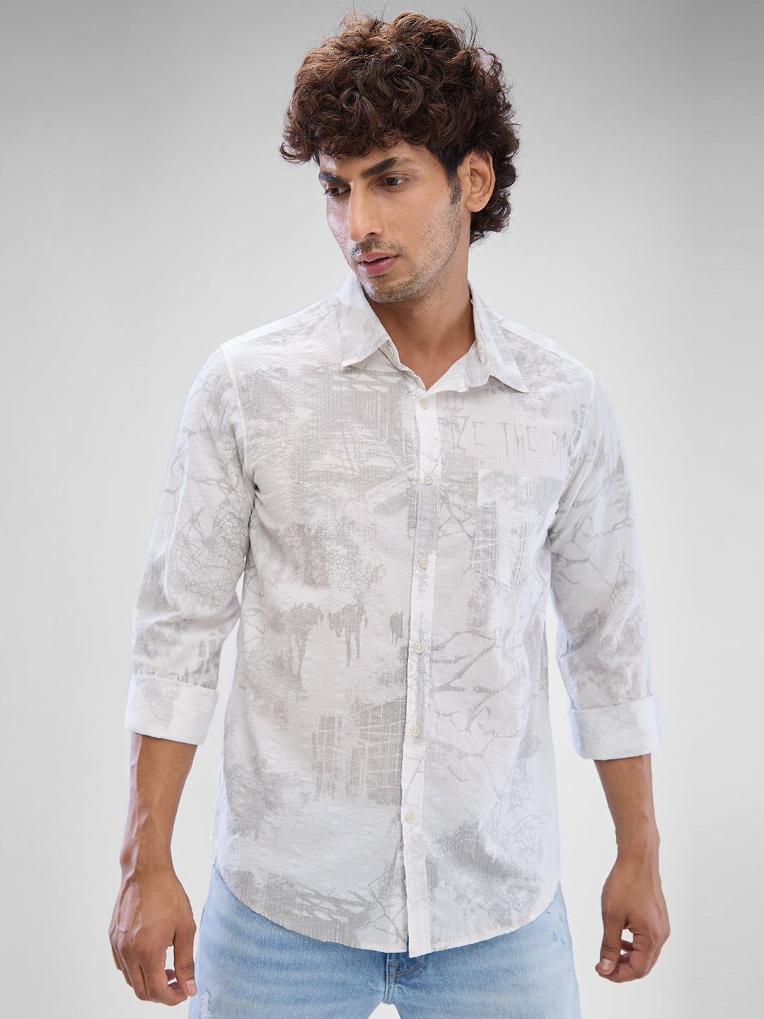 Spykar White Cotton Full Sleeve Raised Collar Shirt For Men