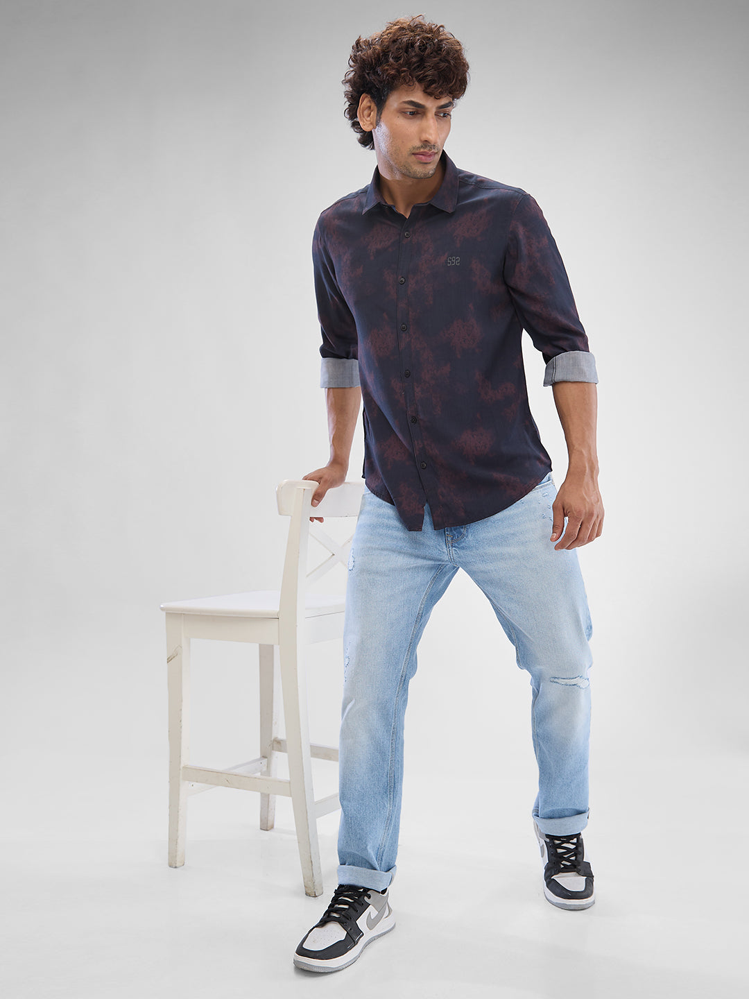 Men Shirt Print Plum Red Slim Fit