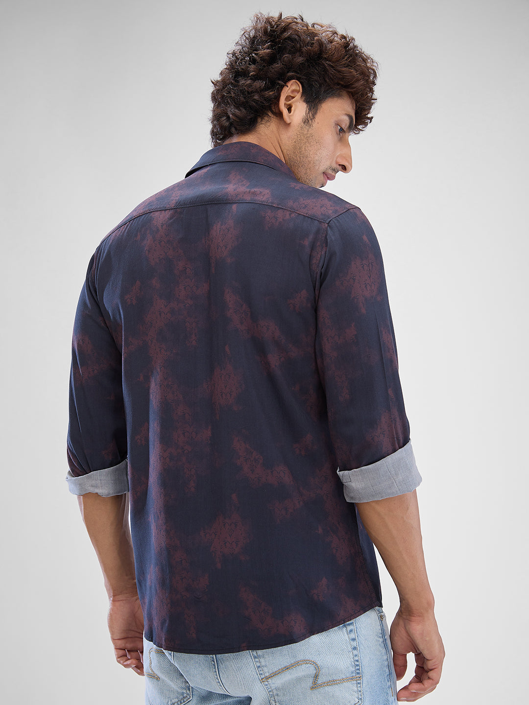 Men Shirt Print Plum Red Slim Fit
