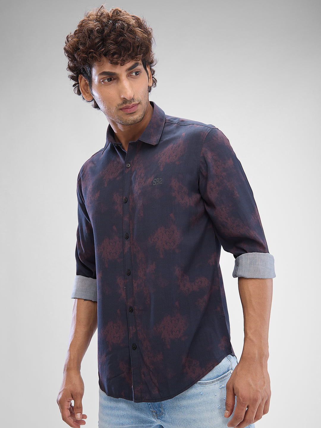 Men Shirt Print Plum Red Slim Fit