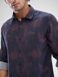 Men Shirt Print Plum Red Slim Fit