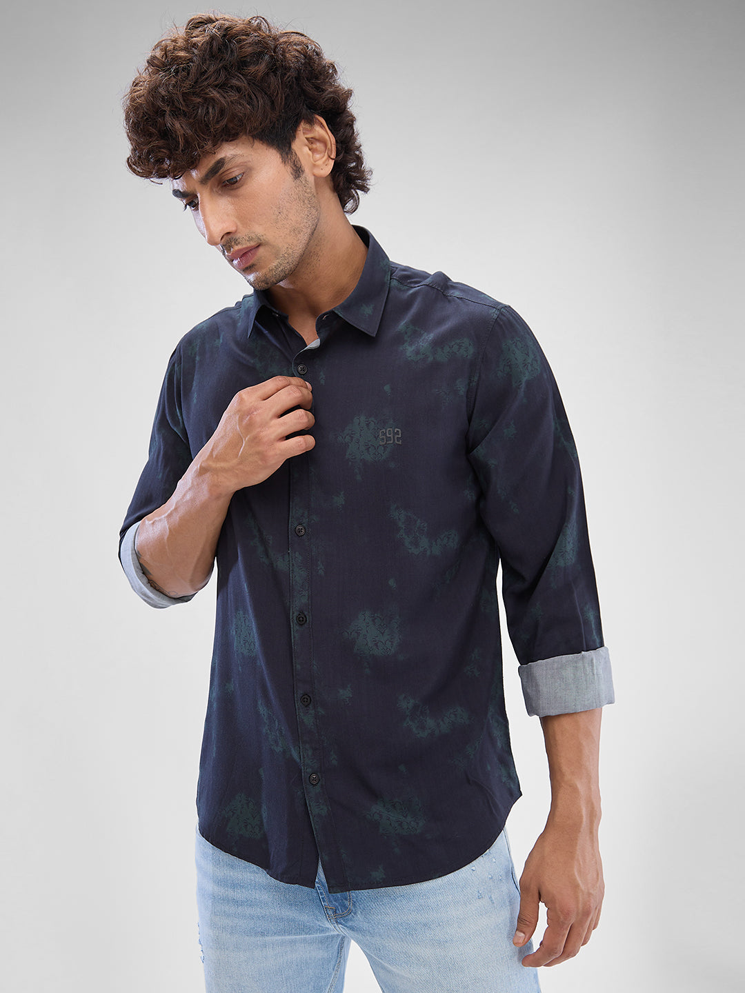 Spykar Teal Green Cotton Viscose Full Sleeve  Shirt For Men