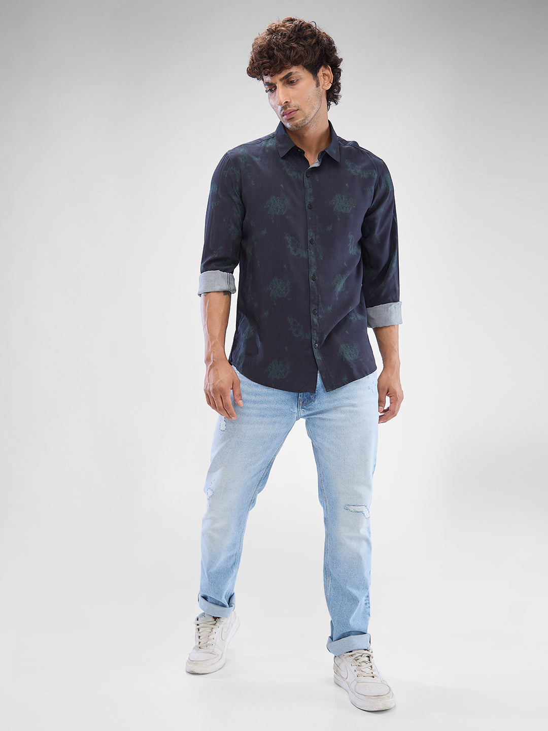 Men Shirt Print Teal Green Slim Fit