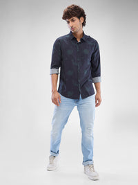 Men Shirt Print Teal Green Slim Fit