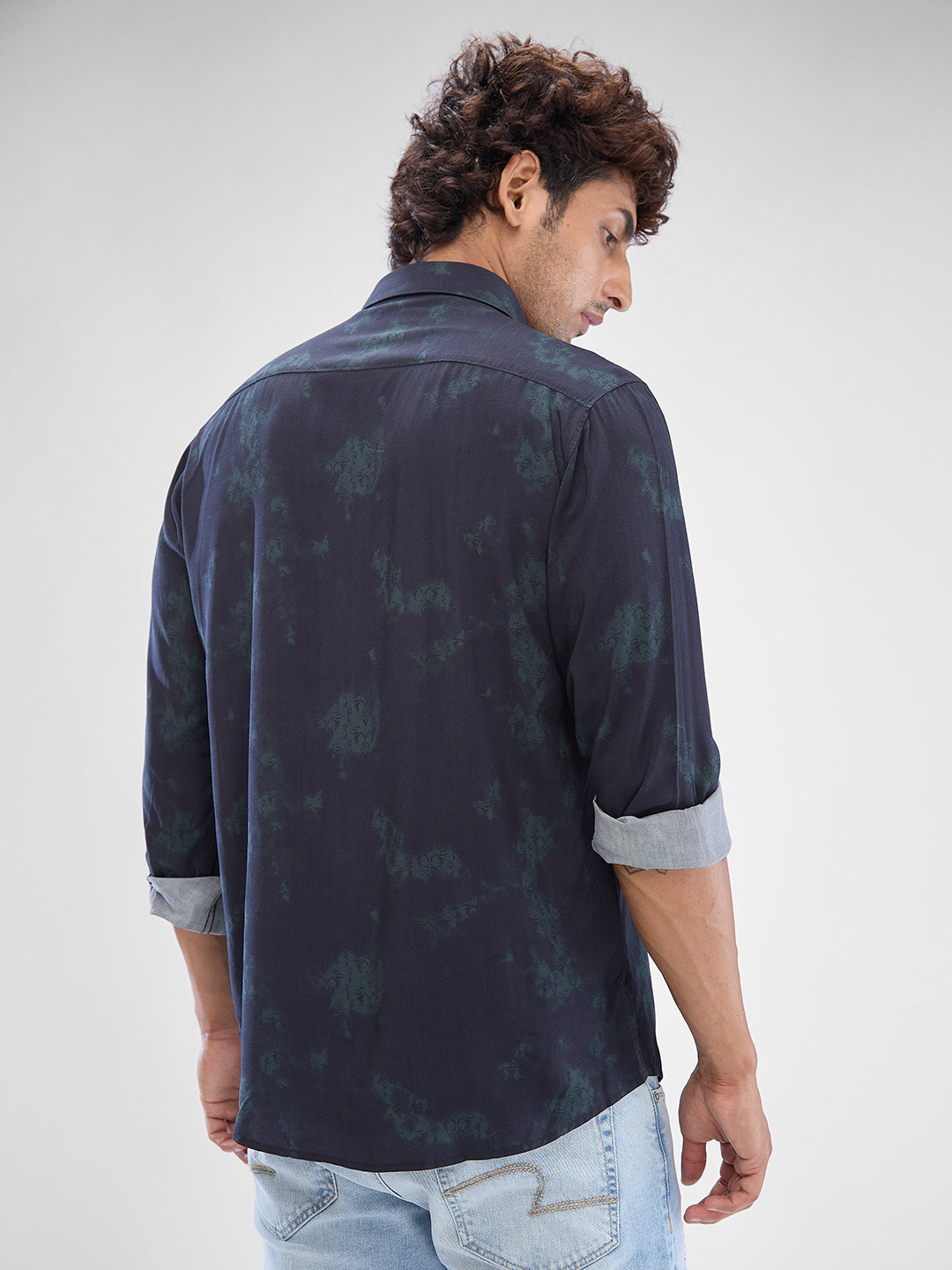 Men Shirt Print Teal Green Slim Fit