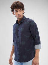 Men Shirt Print Teal Green Slim Fit