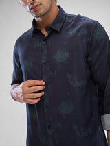 Men Shirt Print Teal Green Slim Fit