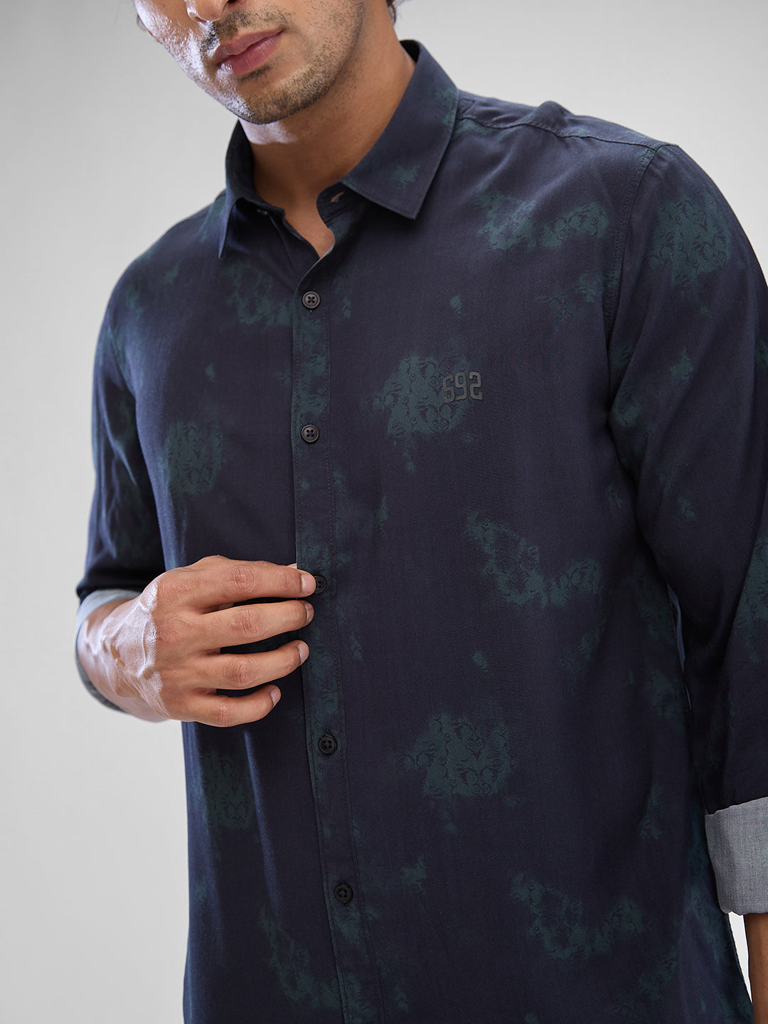 Men Shirt Print Teal Green Slim Fit