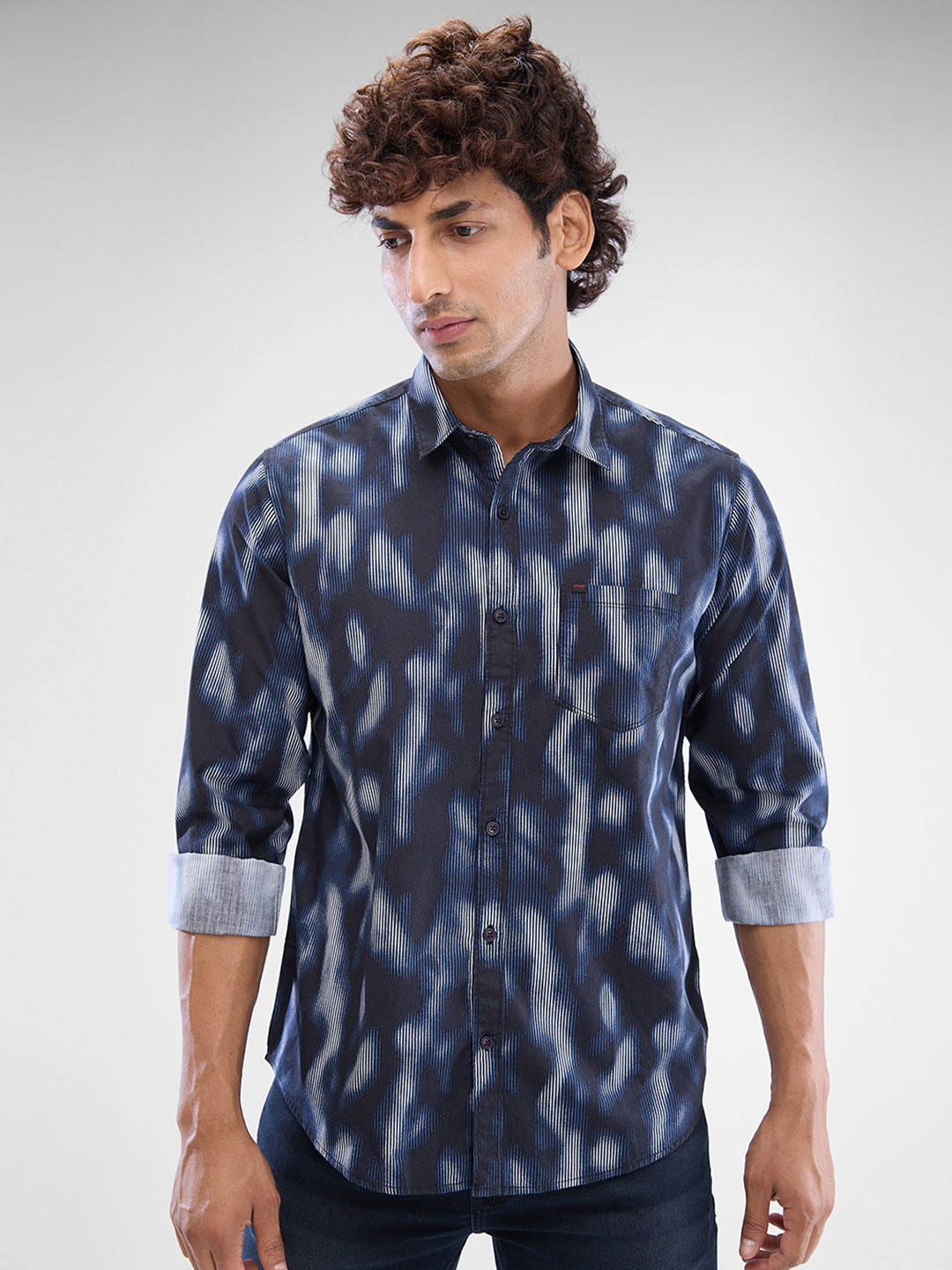 Spykar Black Cotton Full Sleeve Raised Collar Shirt For Men